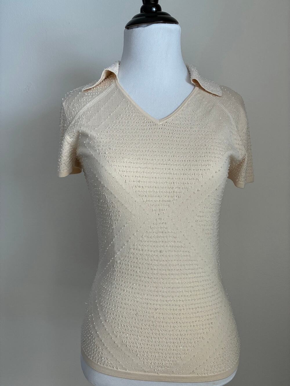 Magaschoni Womens S Silk Beaded Knit Polo Top Ivory Cream Short Sleeve Y2K